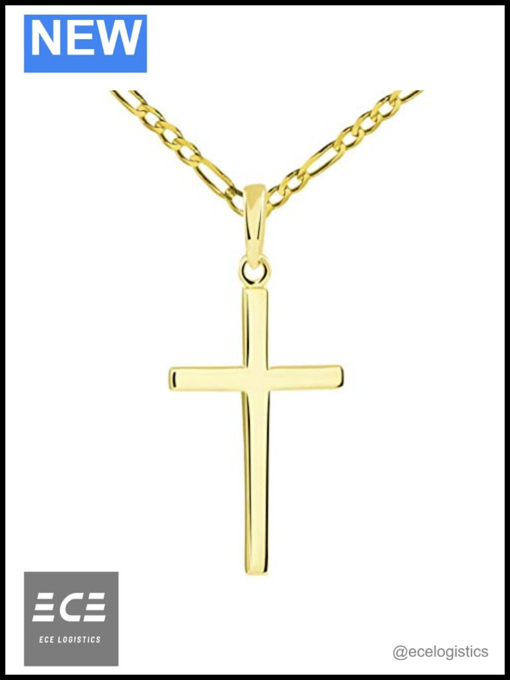 14k Solid Yellow Gold Classic Plain Cross Pendant Figaro Chain Necklace